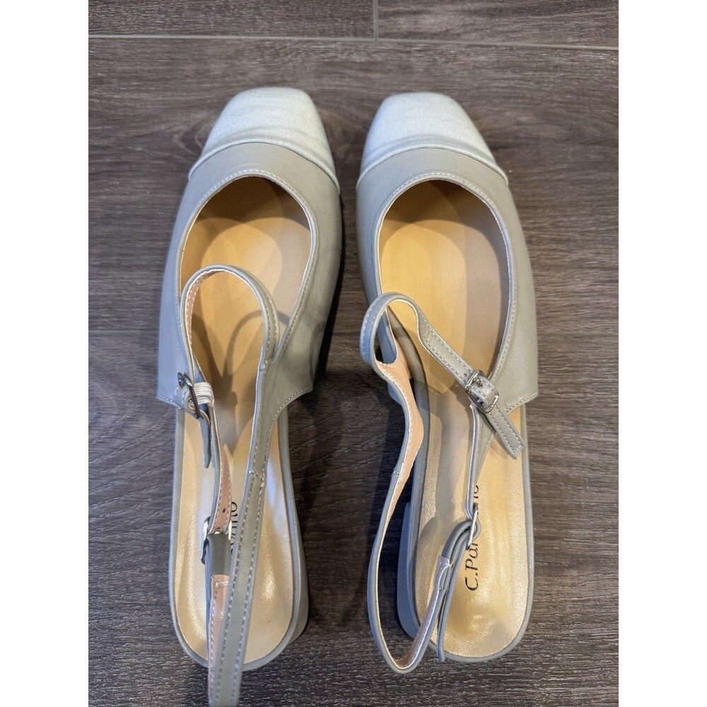 C Paravano Women’s 41 Leather Slingback Pumps Gray Square Cap Toe Block Heel